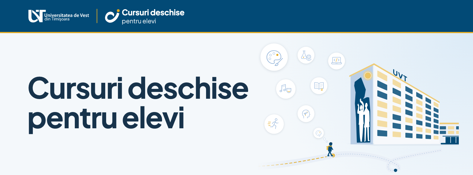 Cursuri deschise pentru elevi, Universitatea de Vest din Timișoara. Desen: un elev pe drumul spre clădirea UVT, printre bulele facultăților.